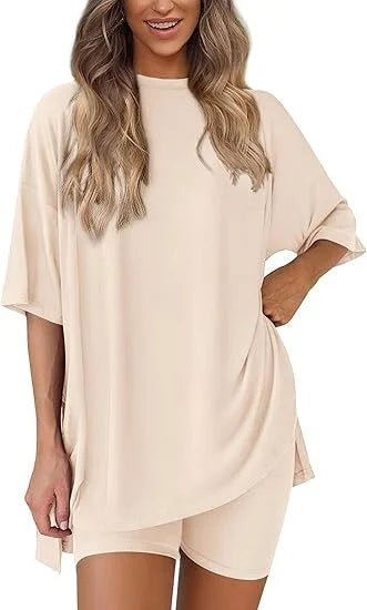 🔥Women's Two Piece Lounge Set 2025 Summer Casual Oversized Shirts Biker Shorts Matching Airport Travel Outfit