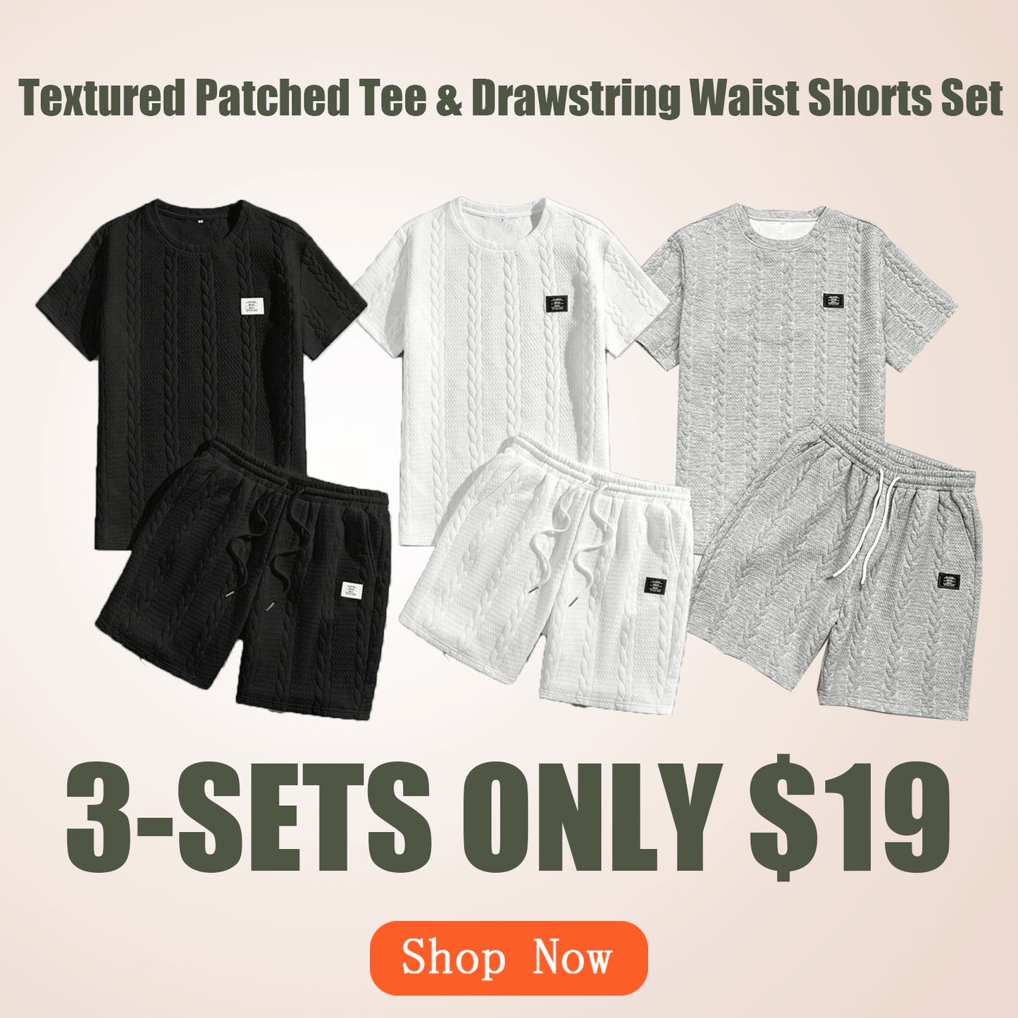 Men's Solid Textured Patched Tee & Drawstring Waist Shorts Set