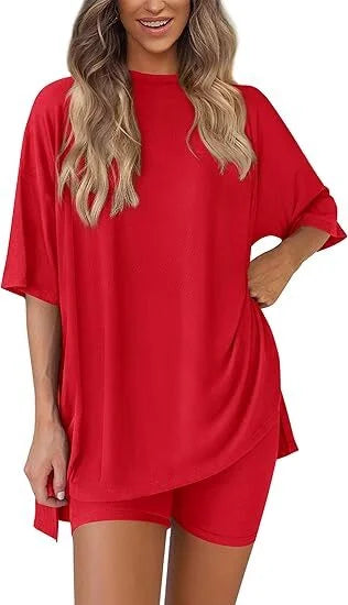 🔥Women's Two Piece Lounge Set 2025 Summer Casual Oversized Shirts Biker Shorts Matching Airport Travel Outfit