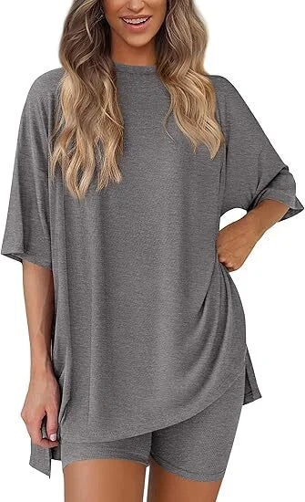 🔥Women's Two Piece Lounge Set 2025 Summer Casual Oversized Shirts Biker Shorts Matching Airport Travel Outfit
