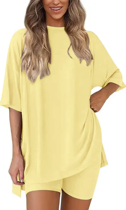 🔥Women's Two Piece Lounge Set 2025 Summer Casual Oversized Shirts Biker Shorts Matching Airport Travel Outfit