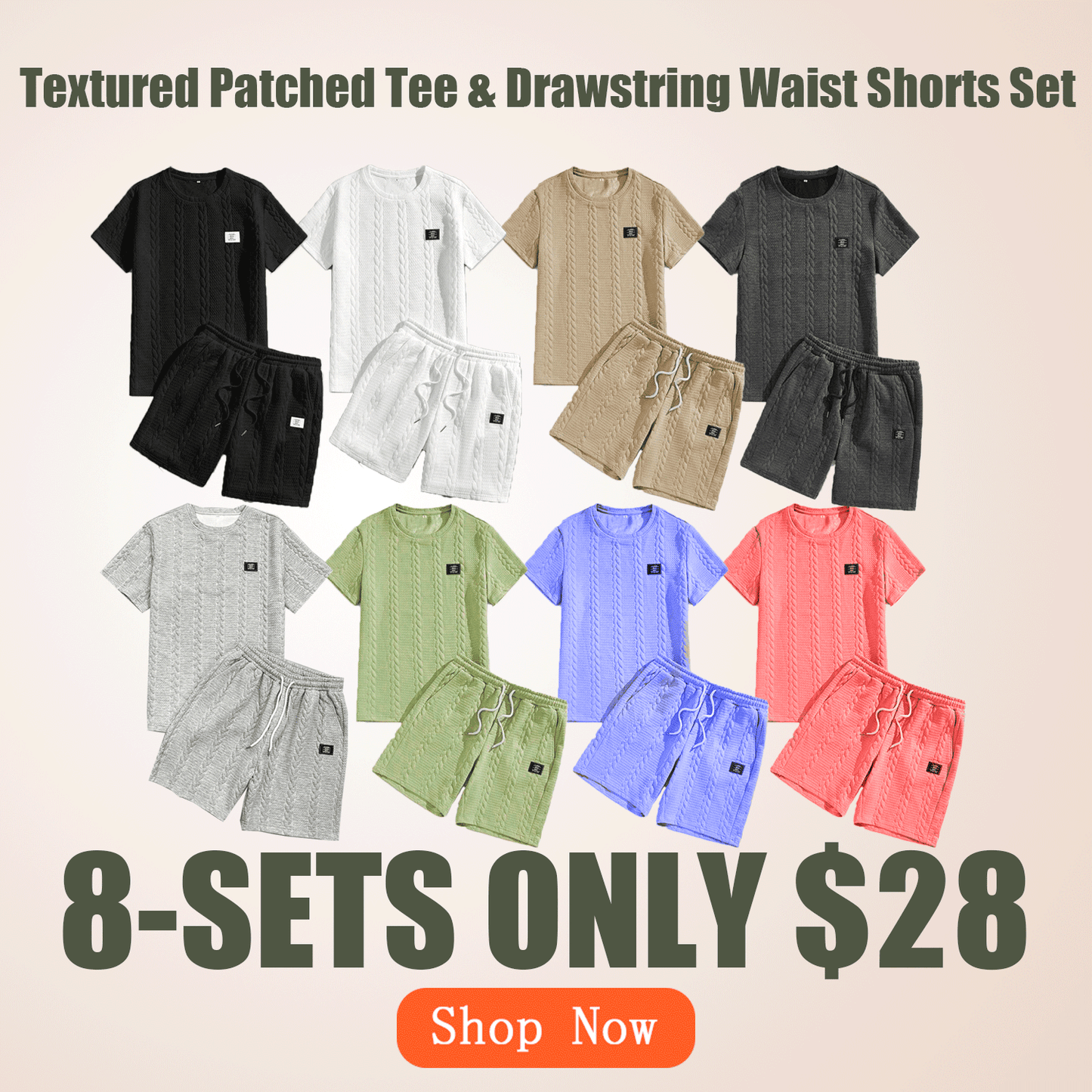 Men's Solid Textured Patched Tee & Drawstring Waist Shorts Set